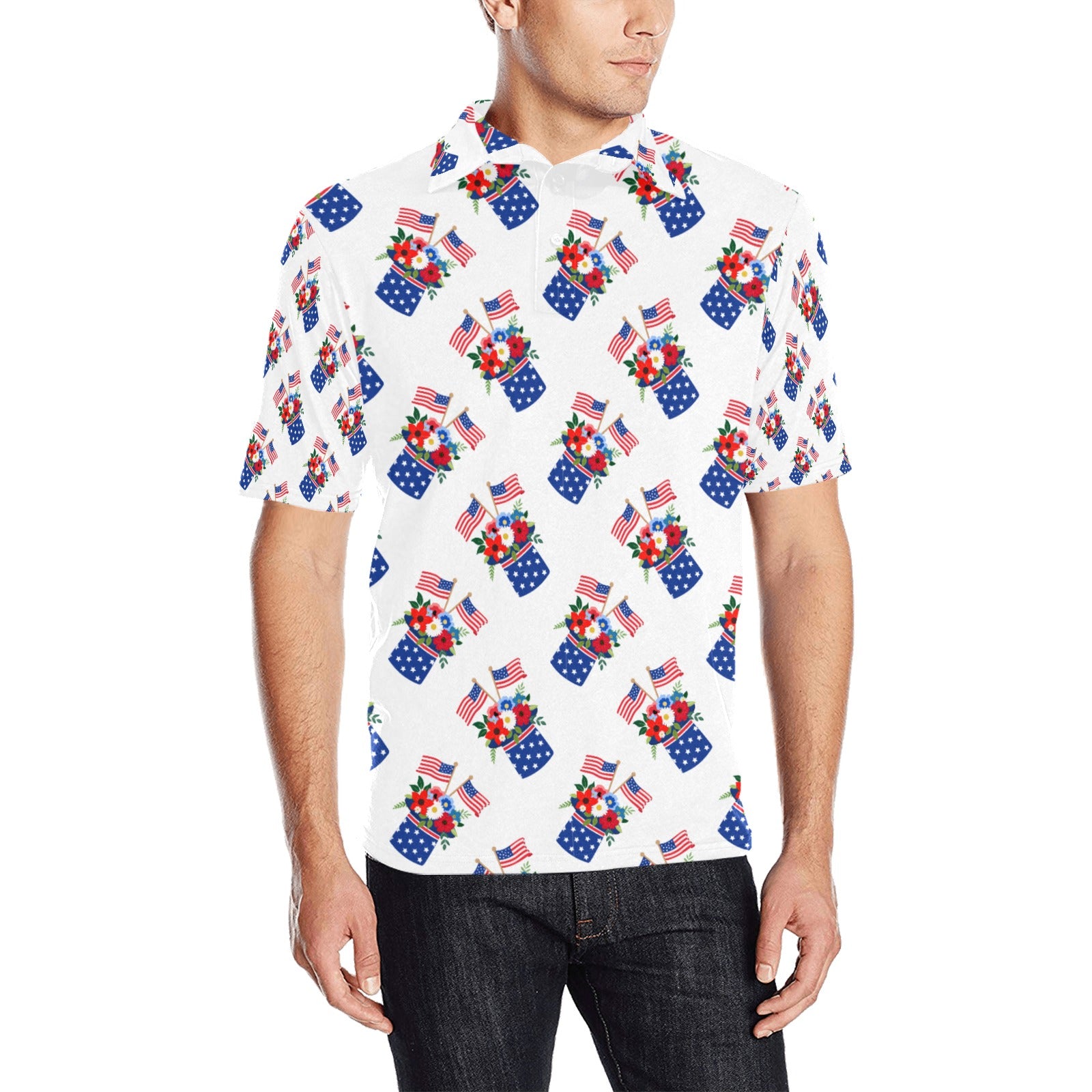 Red White Blue Celebration Men's All Over Print Polo Shirt Free Shipping USA