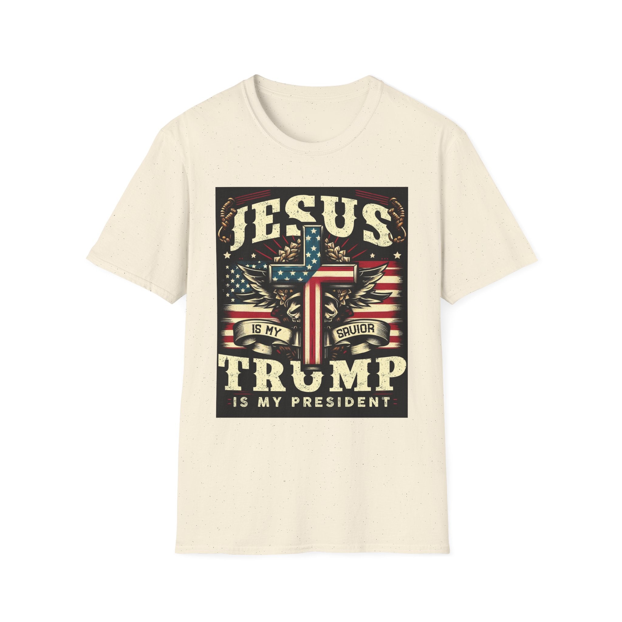 Mens Womans Softstyle T-Shirt - Jesus is My Savior, Trump is My President - Christian, Patriotic Apparel, Gift for Holidays, Casual Wear