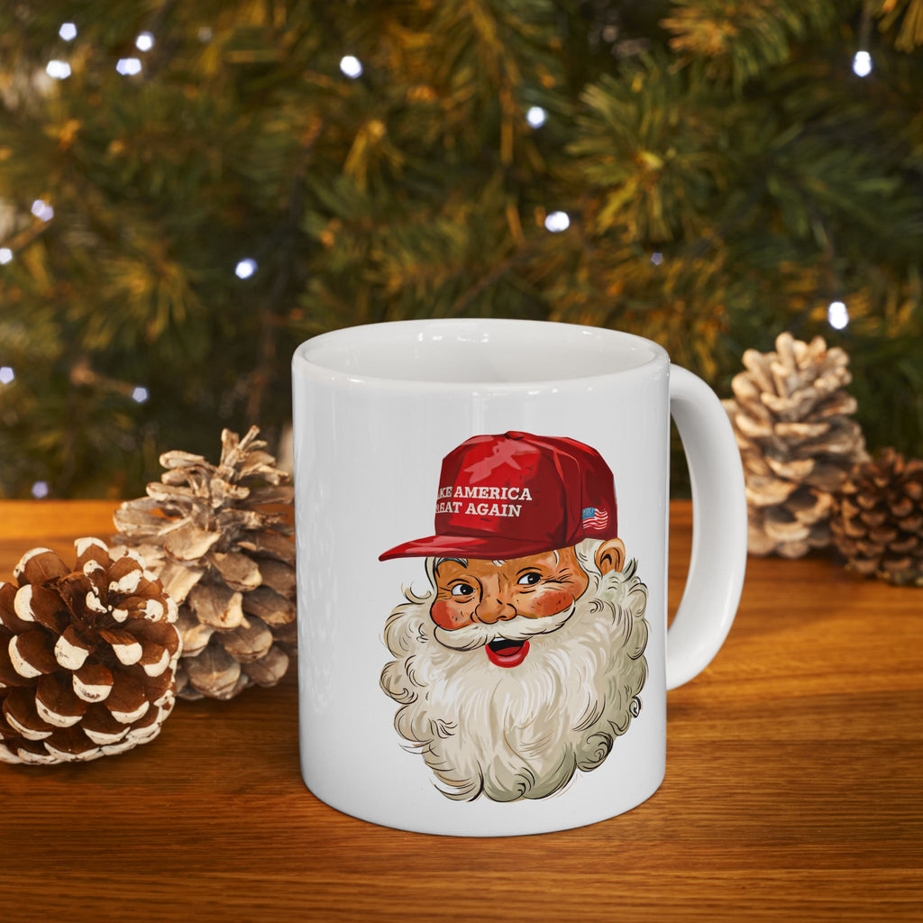 Santa Face MAGA Christmas Hat Mug | Ceramic Coffee Cup 11oz 15oz