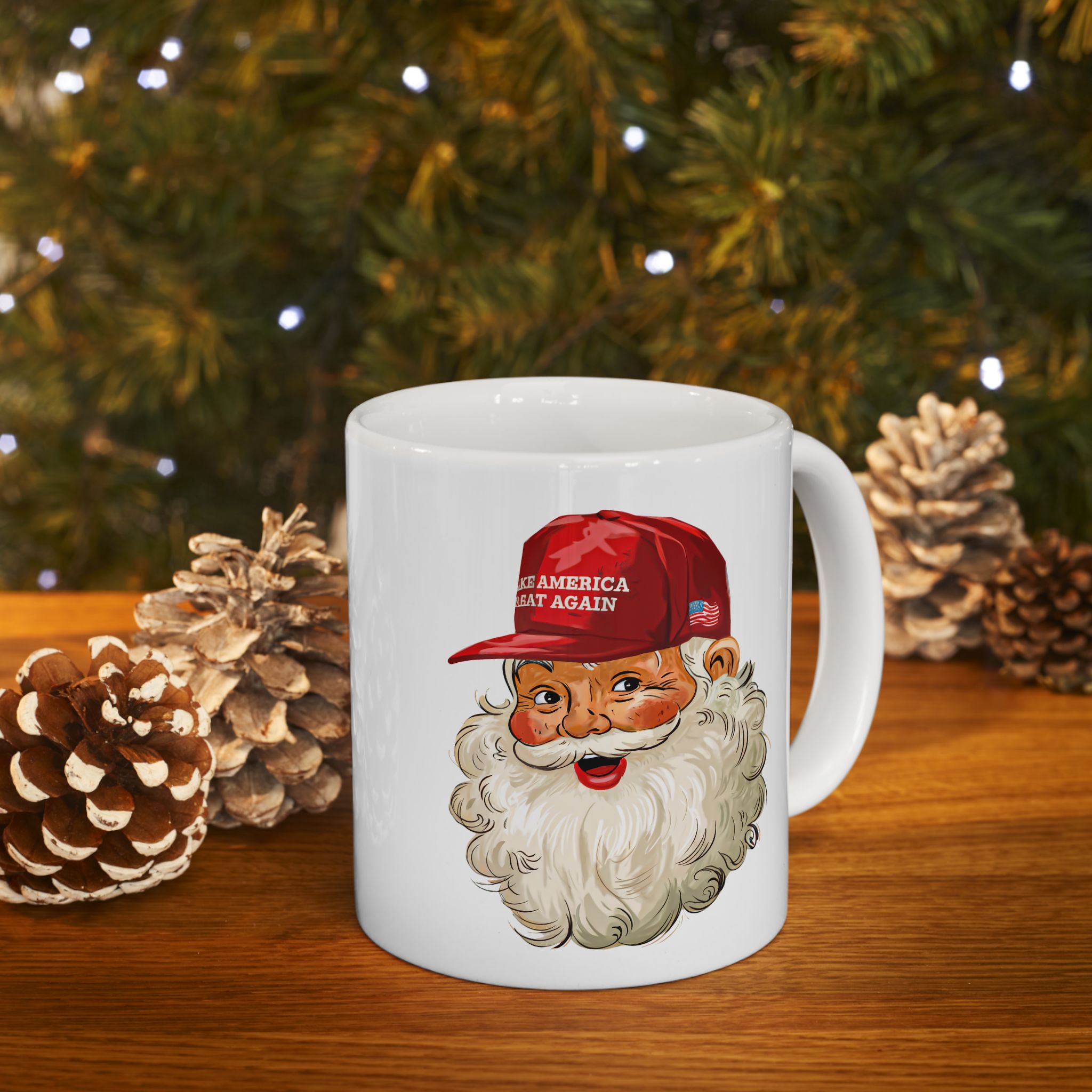 Santa Face MAGA Christmas Hat Mug | Ceramic Coffee Cup 11oz 15oz