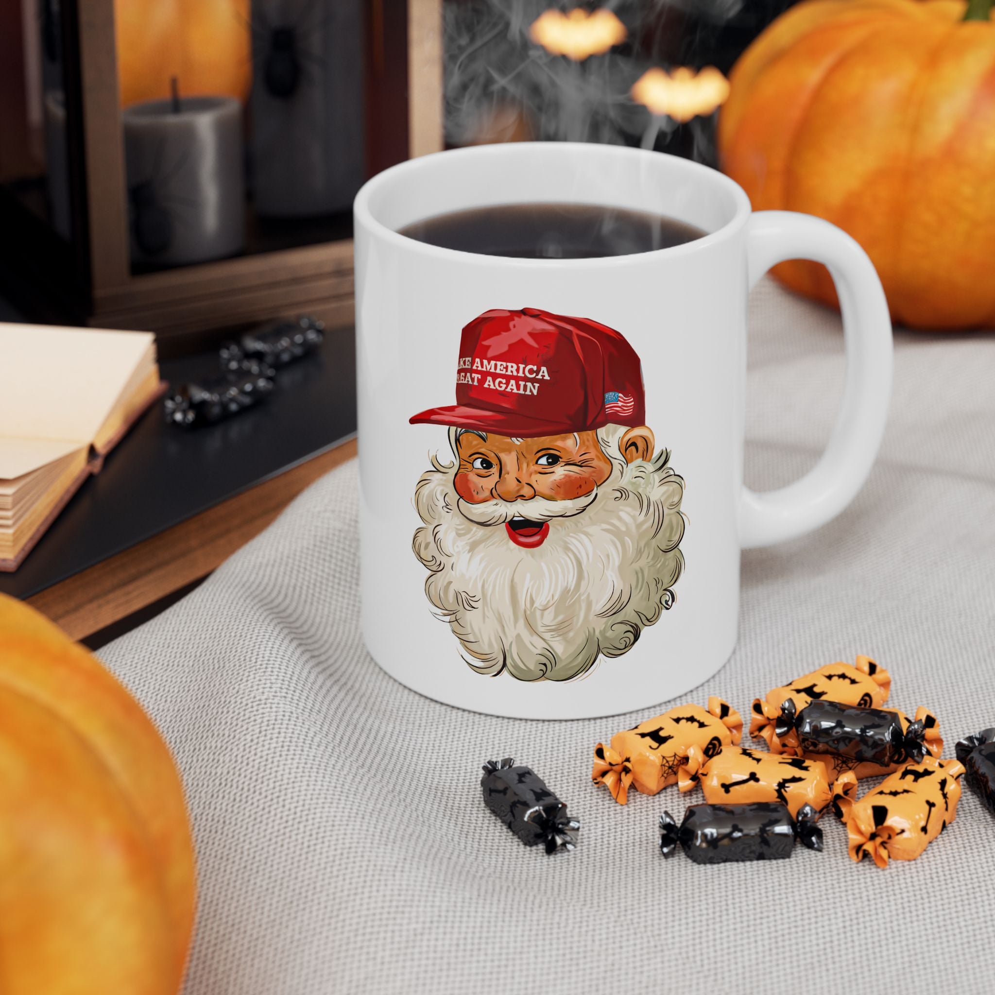 Santa Face MAGA Christmas Hat Mug | Ceramic Coffee Cup 11oz 15oz