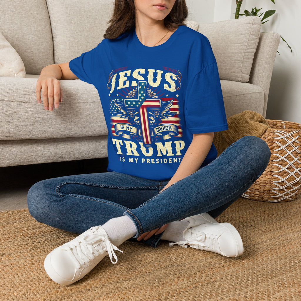 Jesus Cross Flag T-Shirt — "Jesus Is My Savior, Trump Is My President" Patriotic Christian Tee