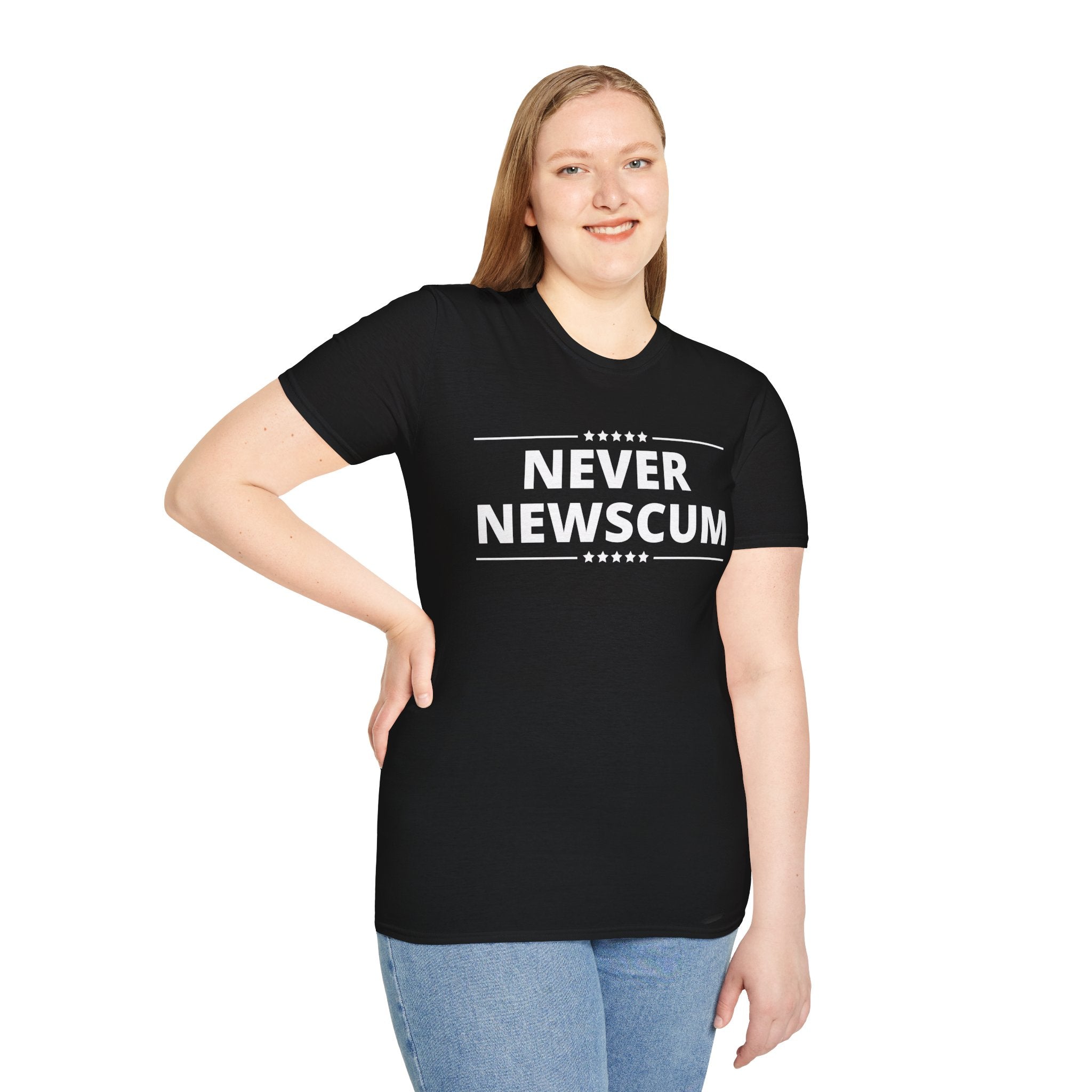 Never NewScum Mens Womans Softstyle T-Shirt, Funny Graphic Tee, Statement Shirt, Casual Wear, Gift for Friends, Political NeverNewScum.com