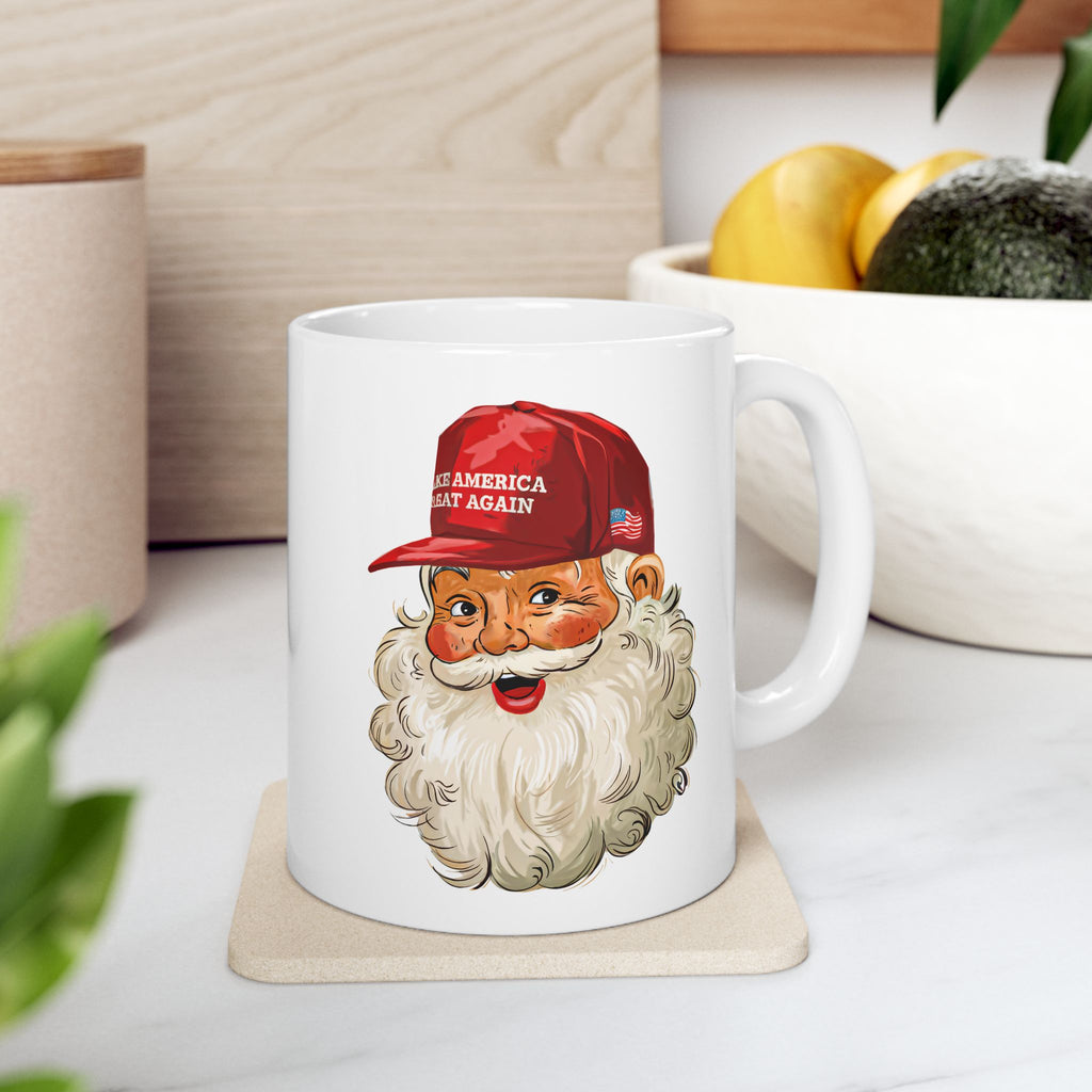 Santa Face MAGA Christmas Hat Mug | Ceramic Coffee Cup 11oz 15oz
