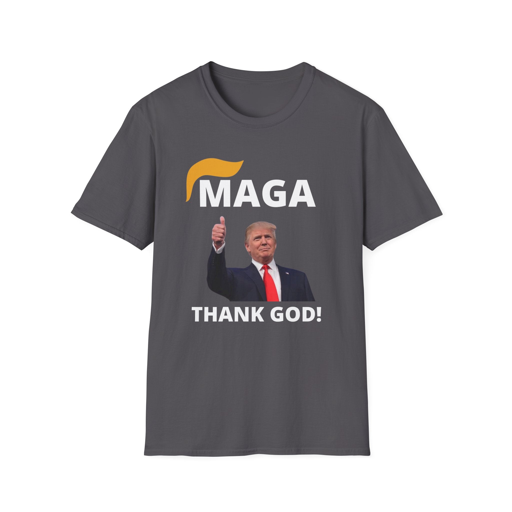 MAGA Thank GOD Unisex Softstyle T-Shirt, Men Women Graphic Tee, Conservative Trump Supporter Apparel, Patriotic Political Shirt, American