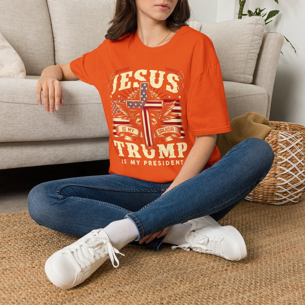 Jesus Cross Flag T-Shirt — "Jesus Is My Savior, Trump Is My President" Patriotic Christian Tee