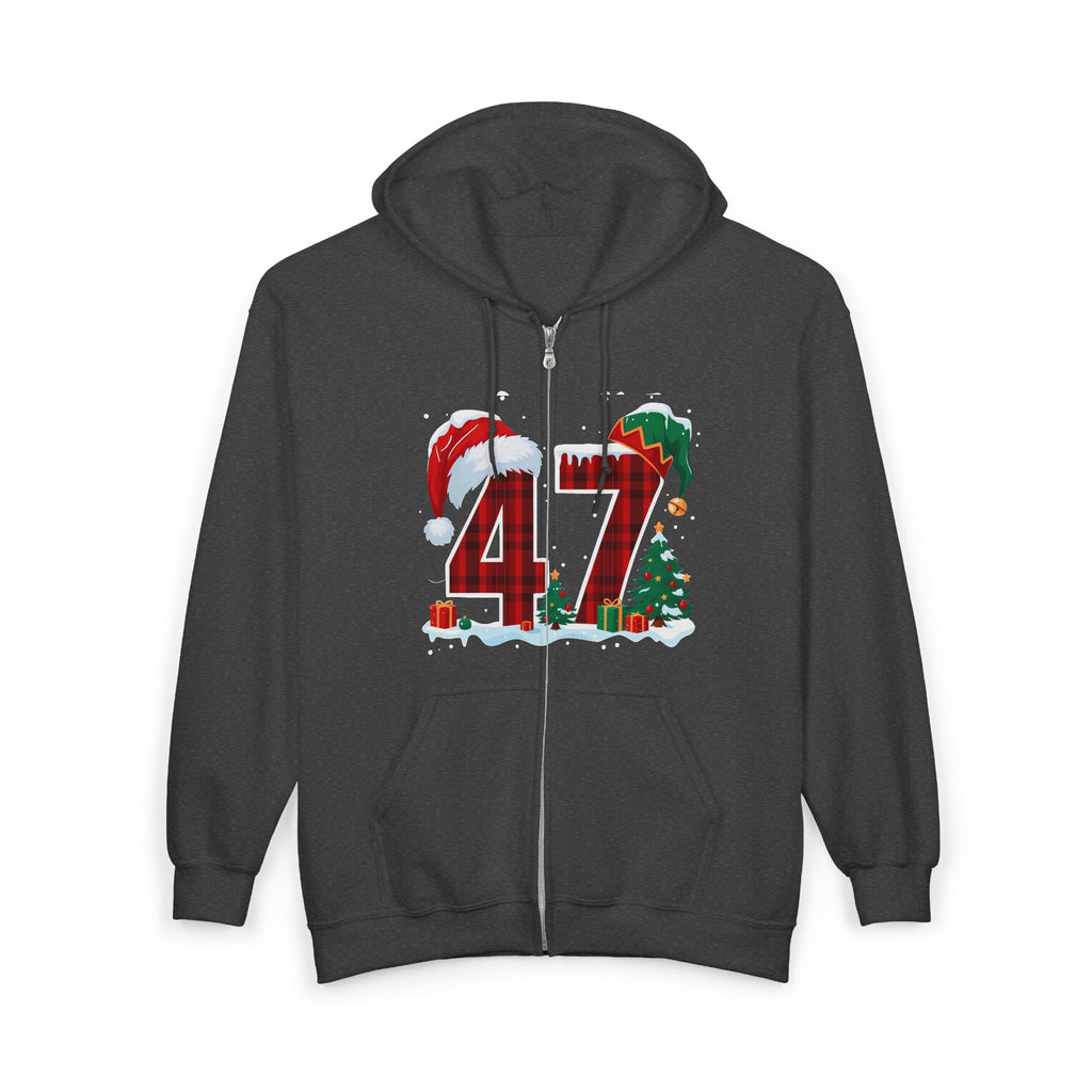 Trump 47 Christmas Zip Hoodie | Holiday Santa Hat & Elf Hat Design