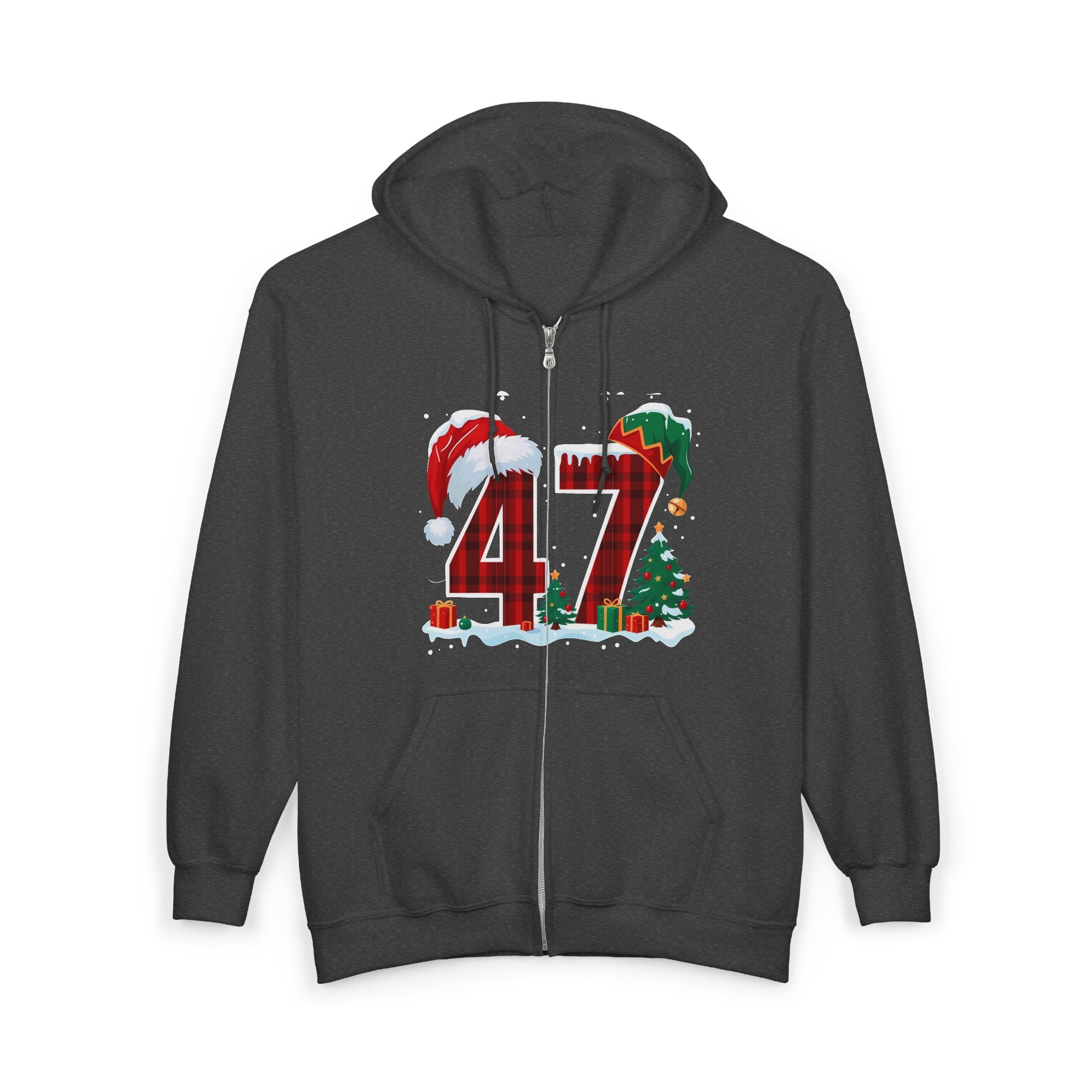 Trump 47 Christmas Zip Hoodie | Holiday Santa Hat & Elf Hat Design