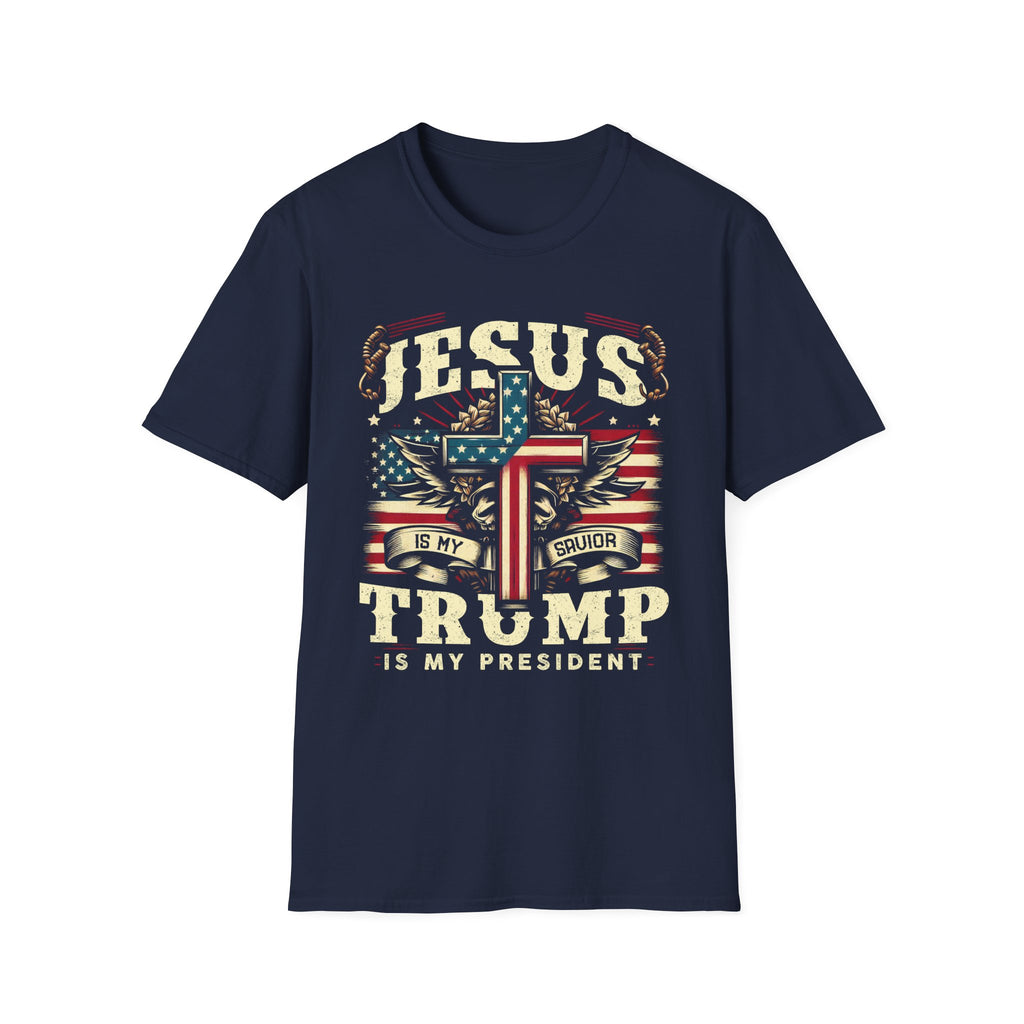 Jesus Cross Flag T-Shirt — "Jesus Is My Savior, Trump Is My President" Patriotic Christian Tee