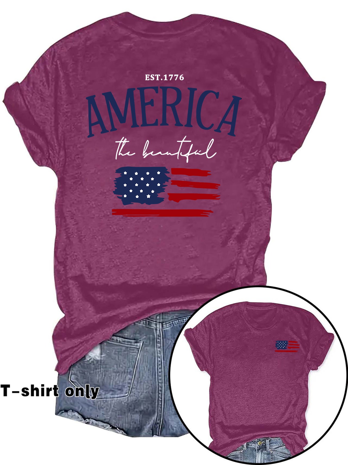 AMERICA Printed Round Neck Loose Short Sleeve