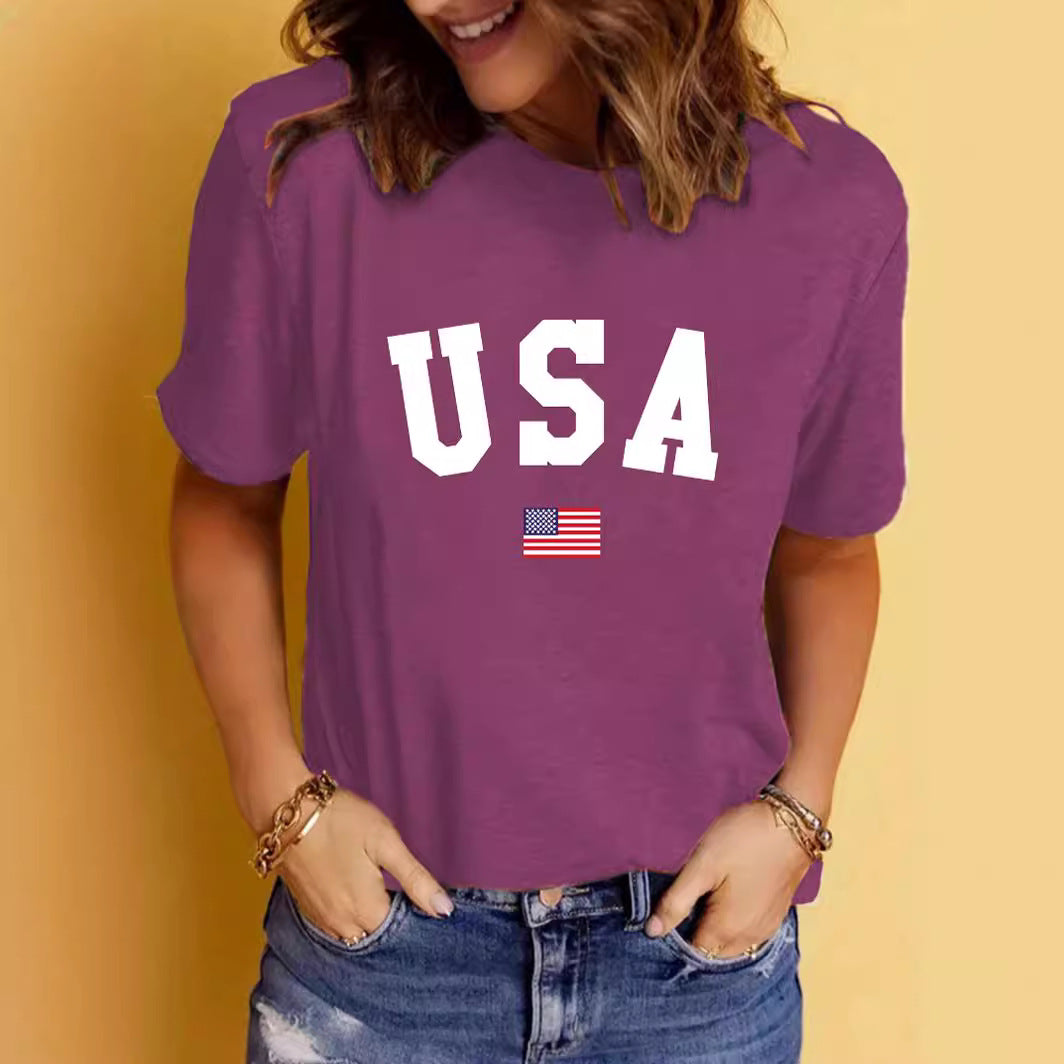 USA Pattern Printed Round Neck Short Sleeve T-shirt