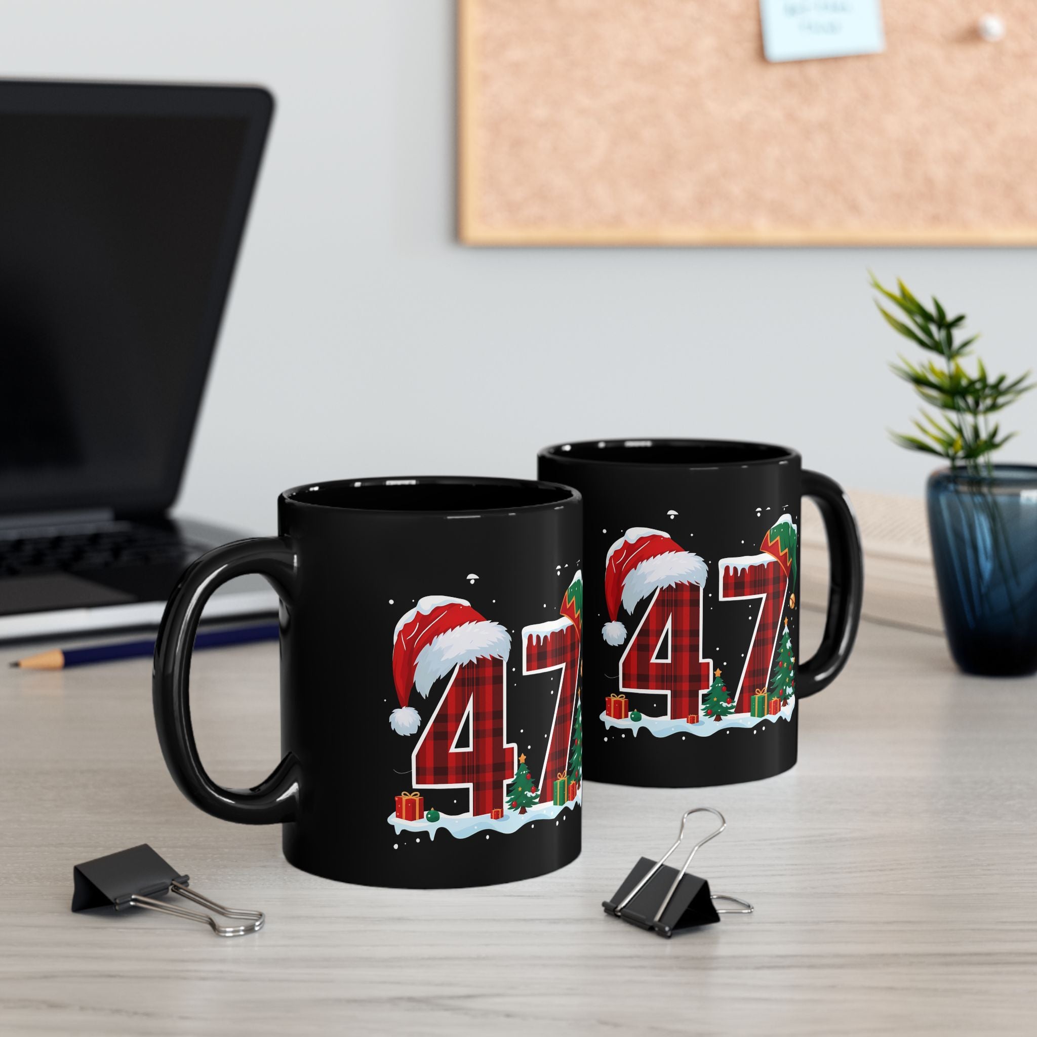 Trump 47 Christmas Holiday Milo Plaid Santa Hat Mug | Black Ceramic