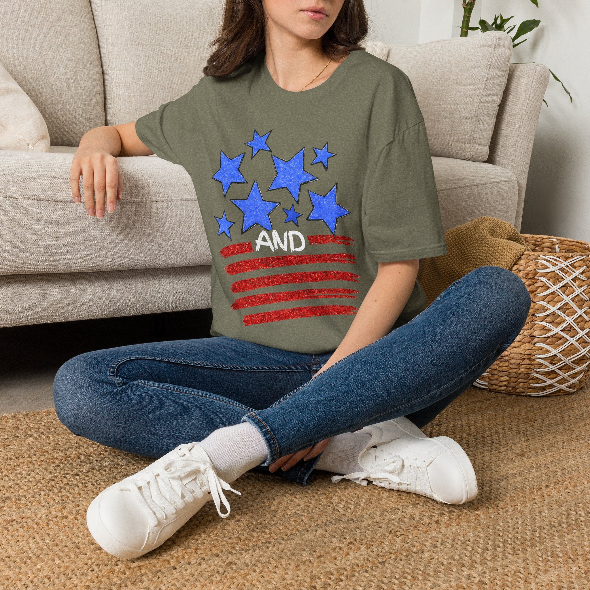 Patriotic Blue Stars Red Strips Graphic Tee (Fourth of July, Americana) T-Shirt