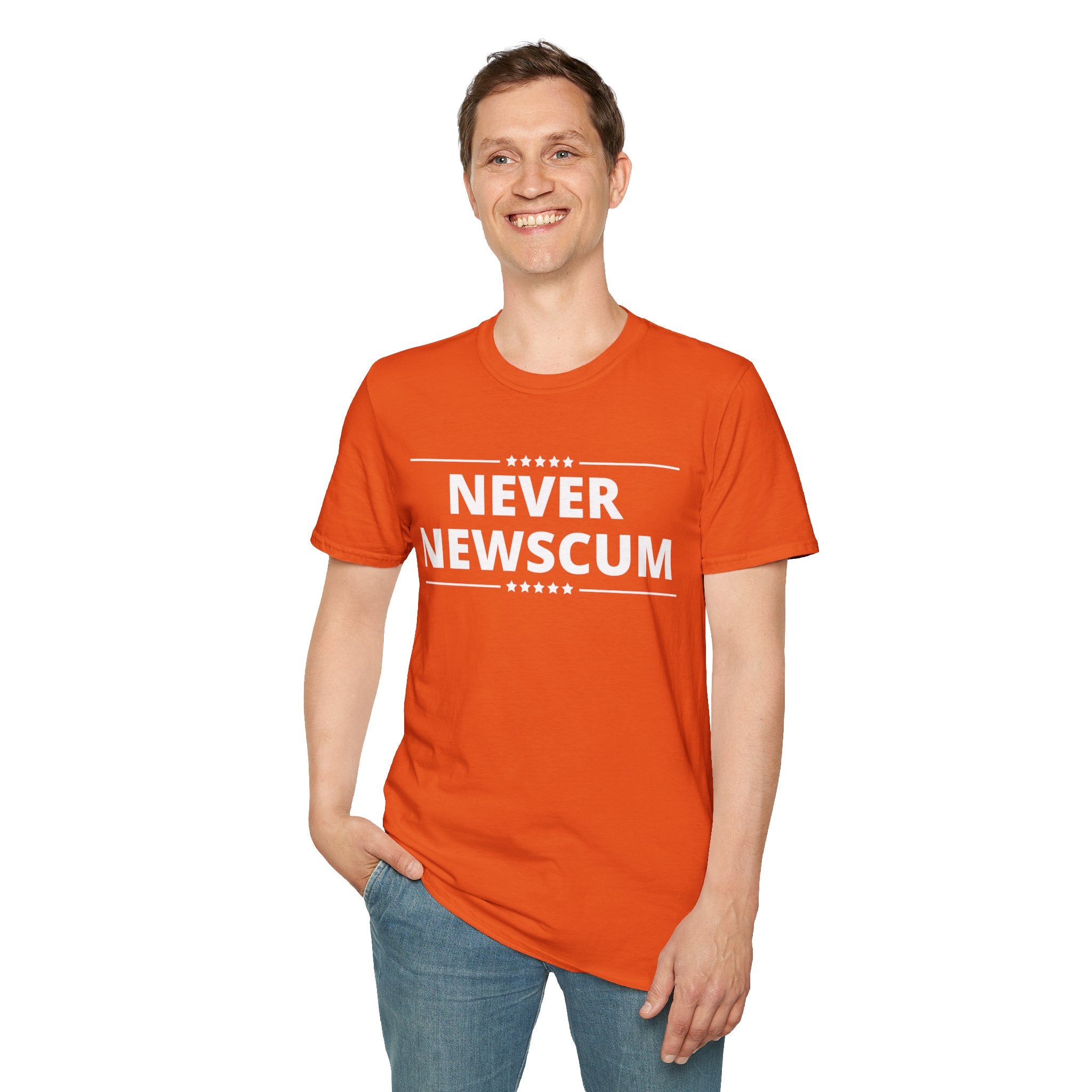 Never NewScum Mens Womans Softstyle T-Shirt, Funny Graphic Tee, Statement Shirt, Casual Wear, Gift for Friends, Political NeverNewScum.com