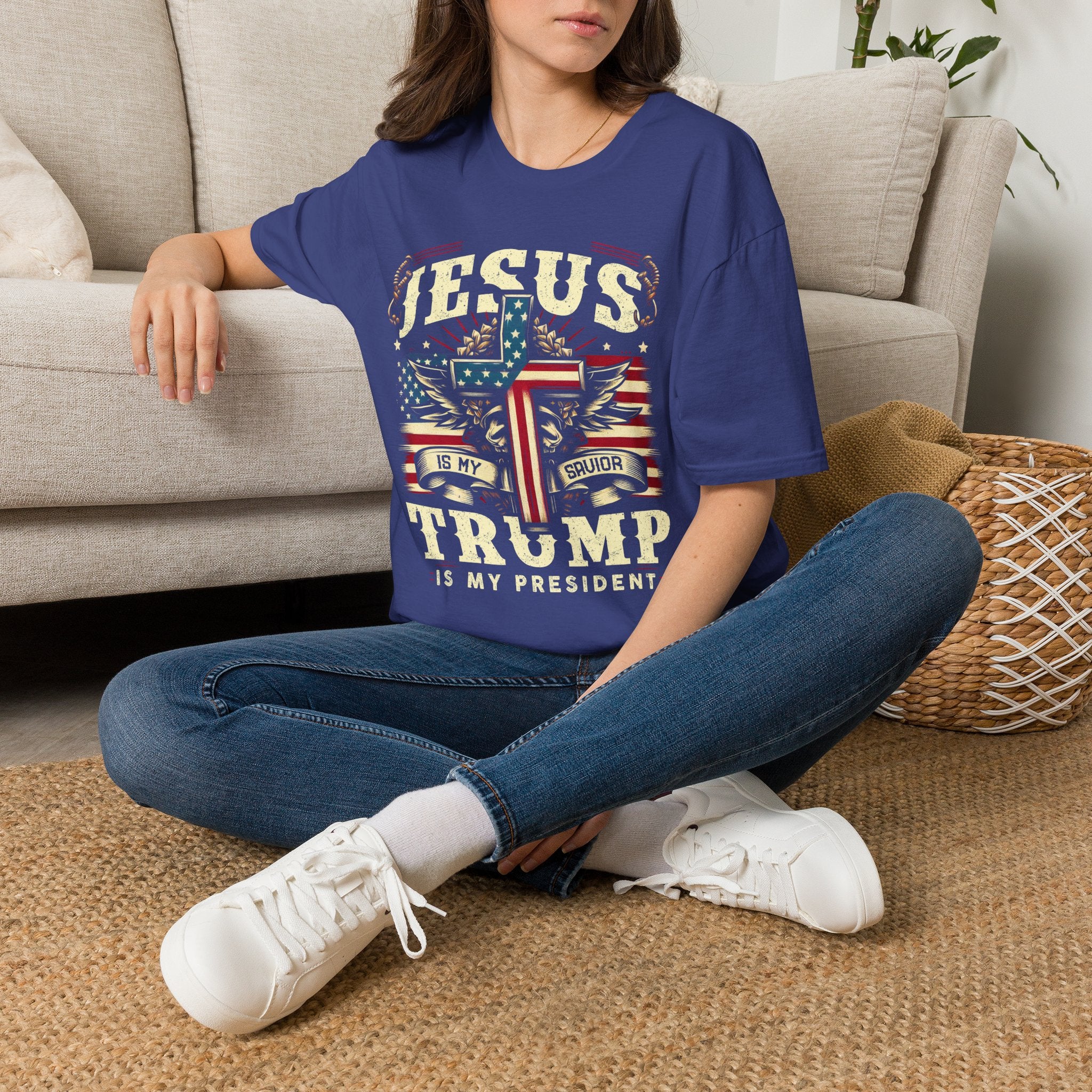 Jesus Cross Flag T-Shirt — "Jesus Is My Savior, Trump Is My President" Patriotic Christian Tee