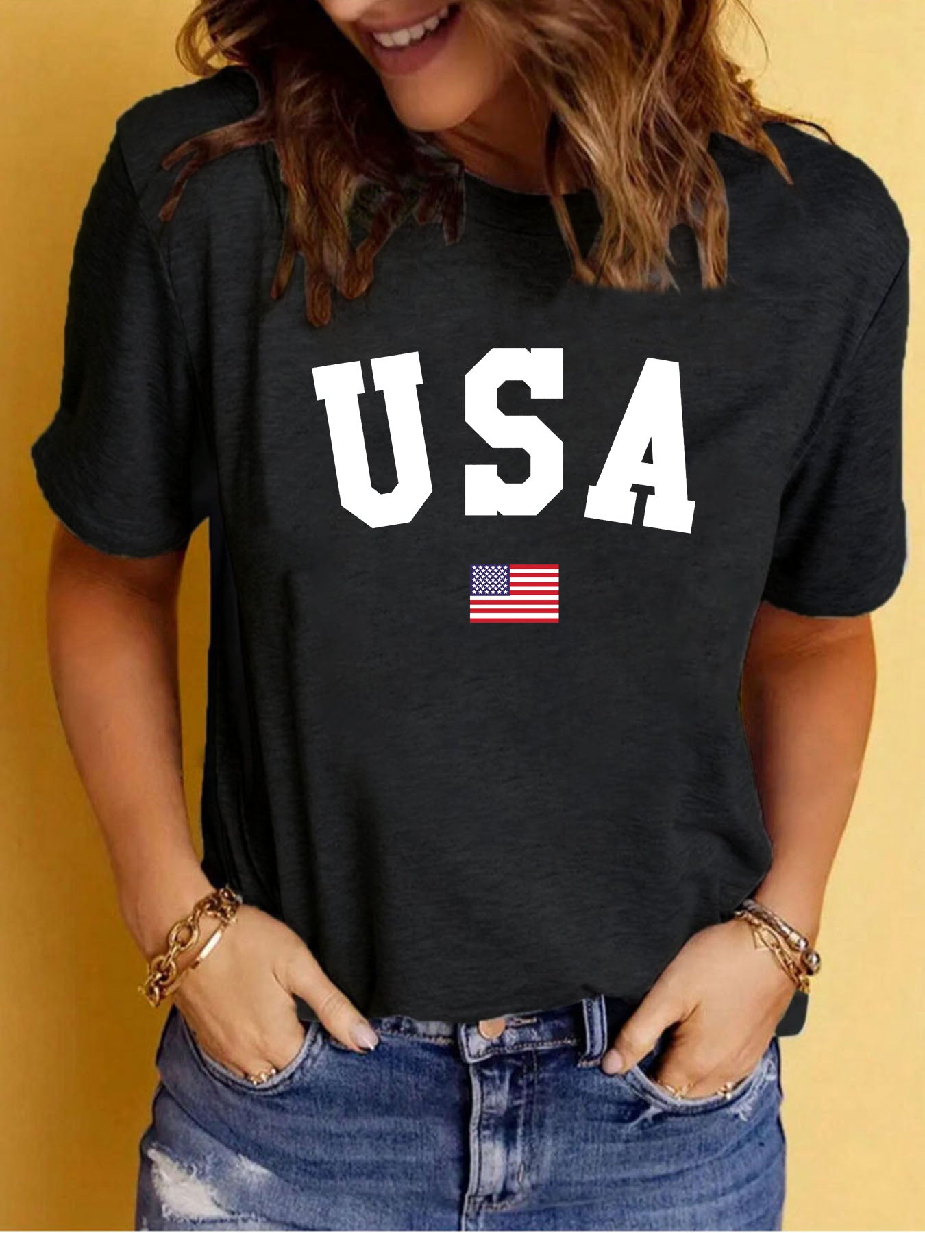 USA Pattern Printed Round Neck Short Sleeve T-shirt