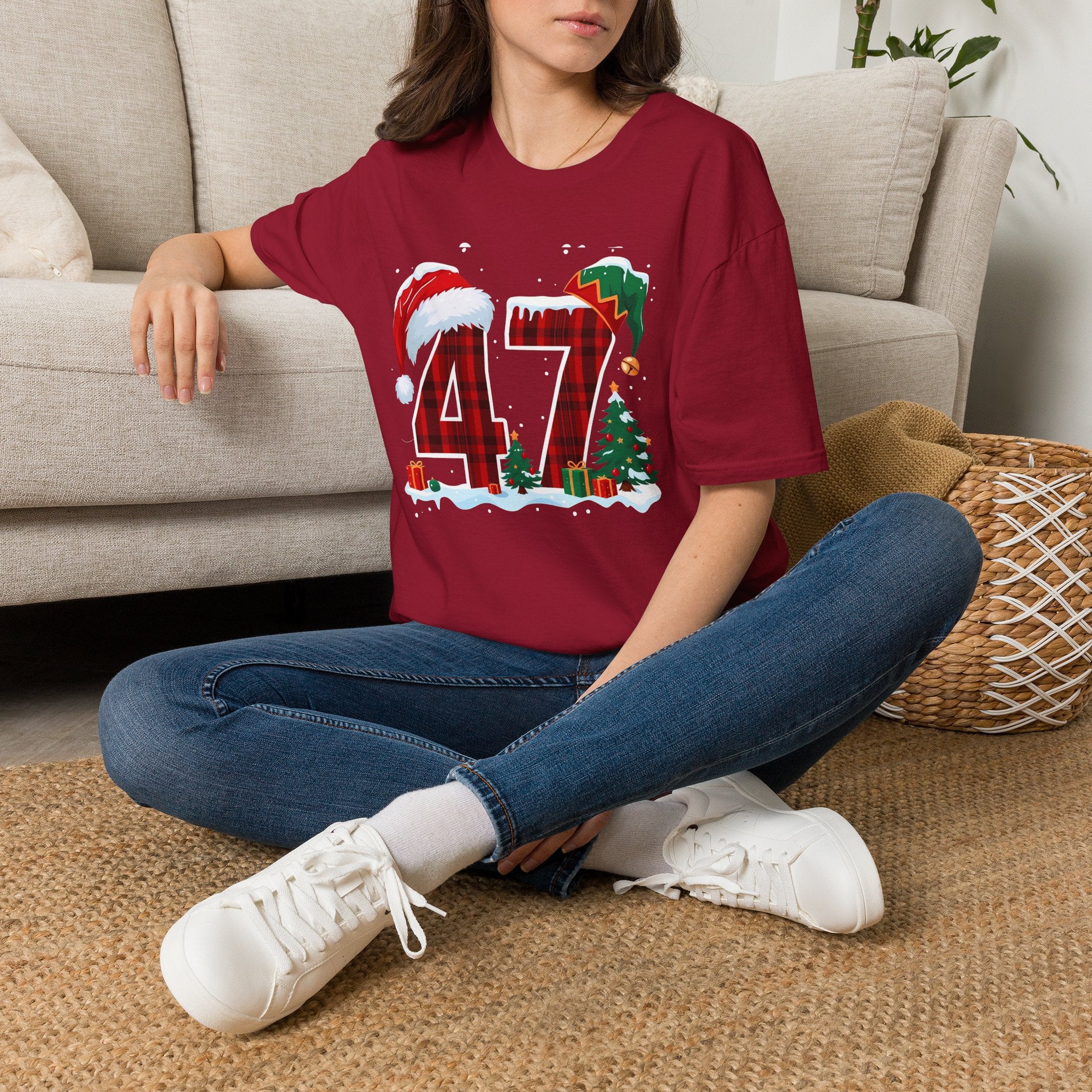 Trump 47 Christmas T-Shirt | Santa Hat, Elf Hat, Holiday Tree Design