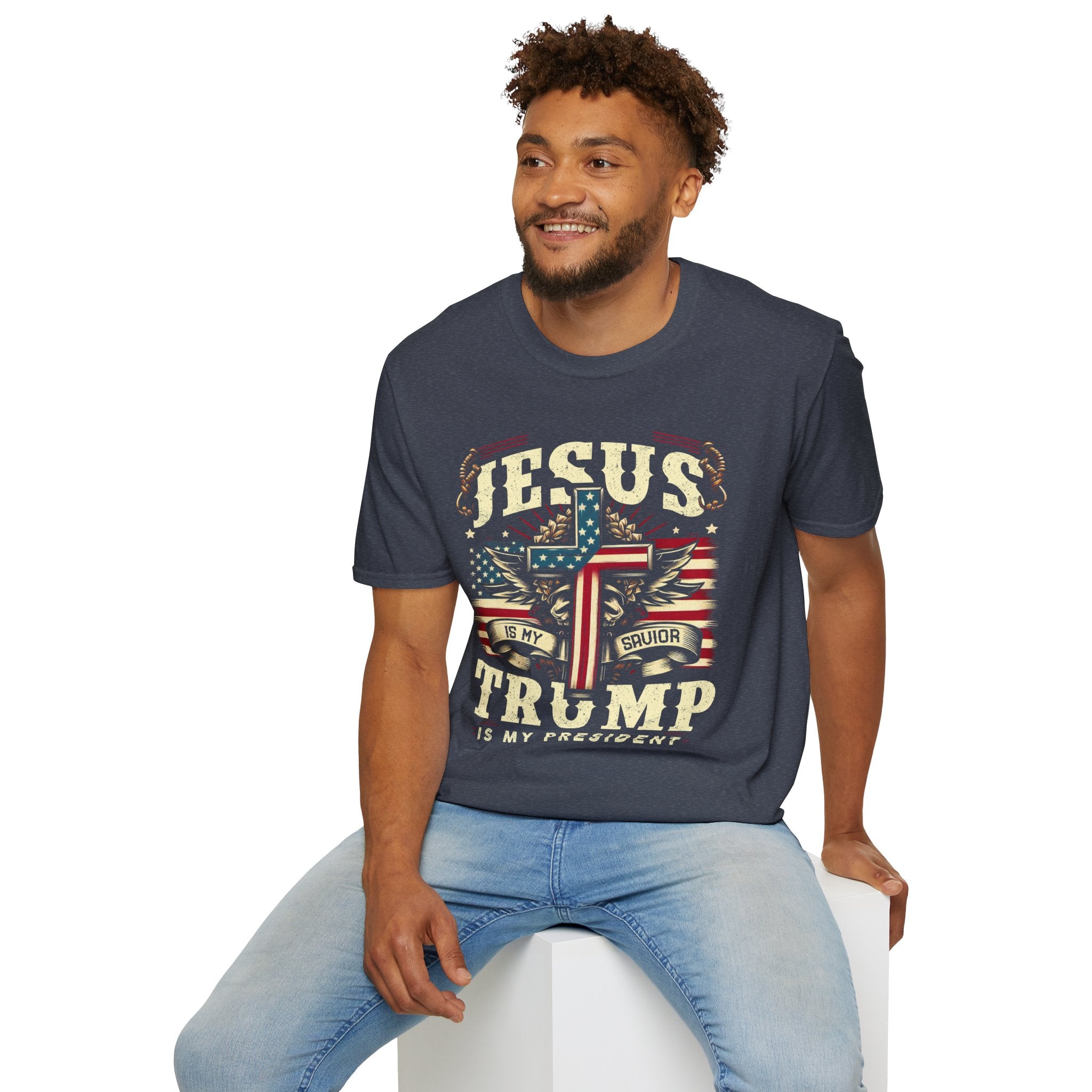 Jesus Cross Flag T-Shirt — "Jesus Is My Savior, Trump Is My President" Patriotic Christian Tee