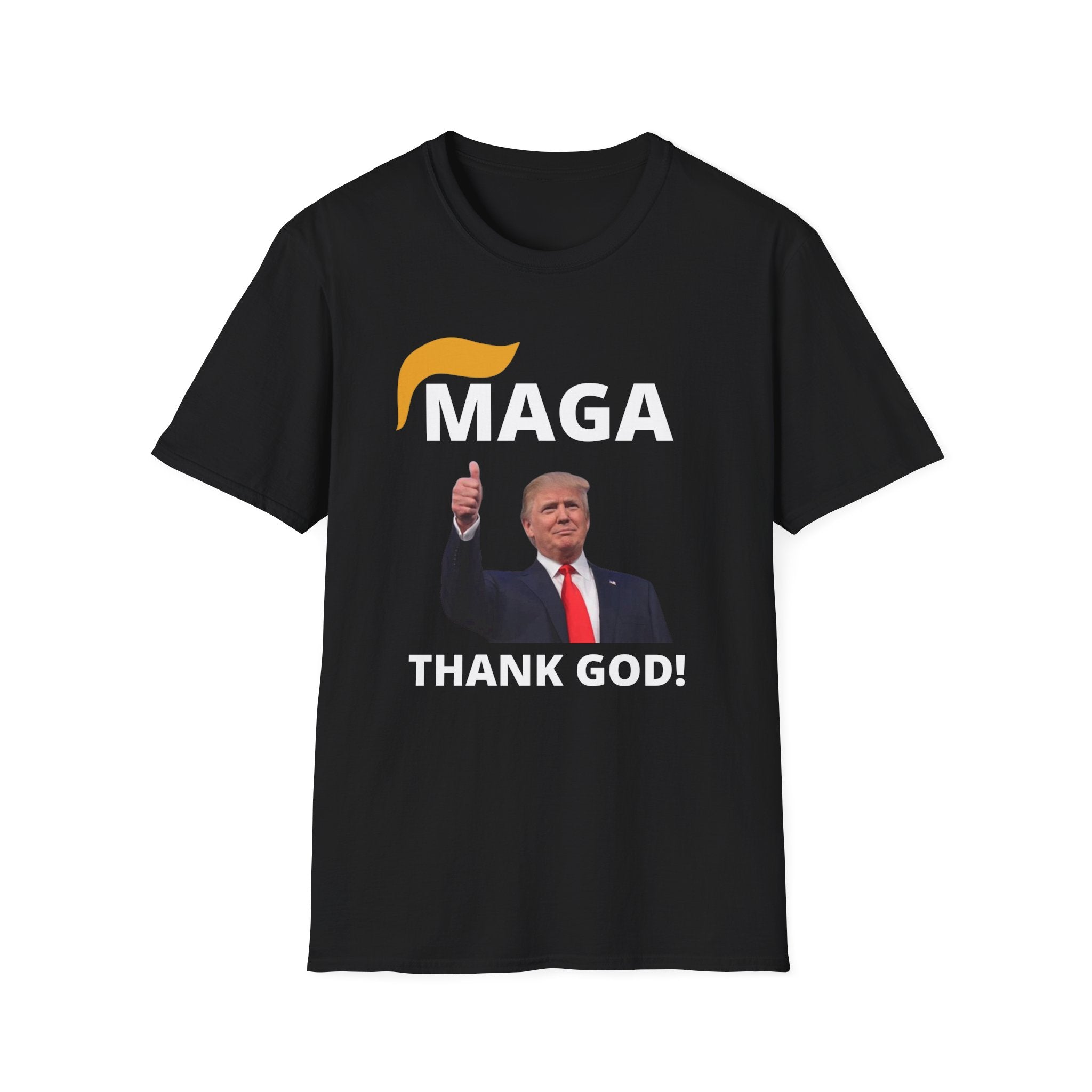 MAGA Thank GOD Unisex Softstyle T-Shirt, Men Women Graphic Tee, Conservative Trump Supporter Apparel, Patriotic Political Shirt, American