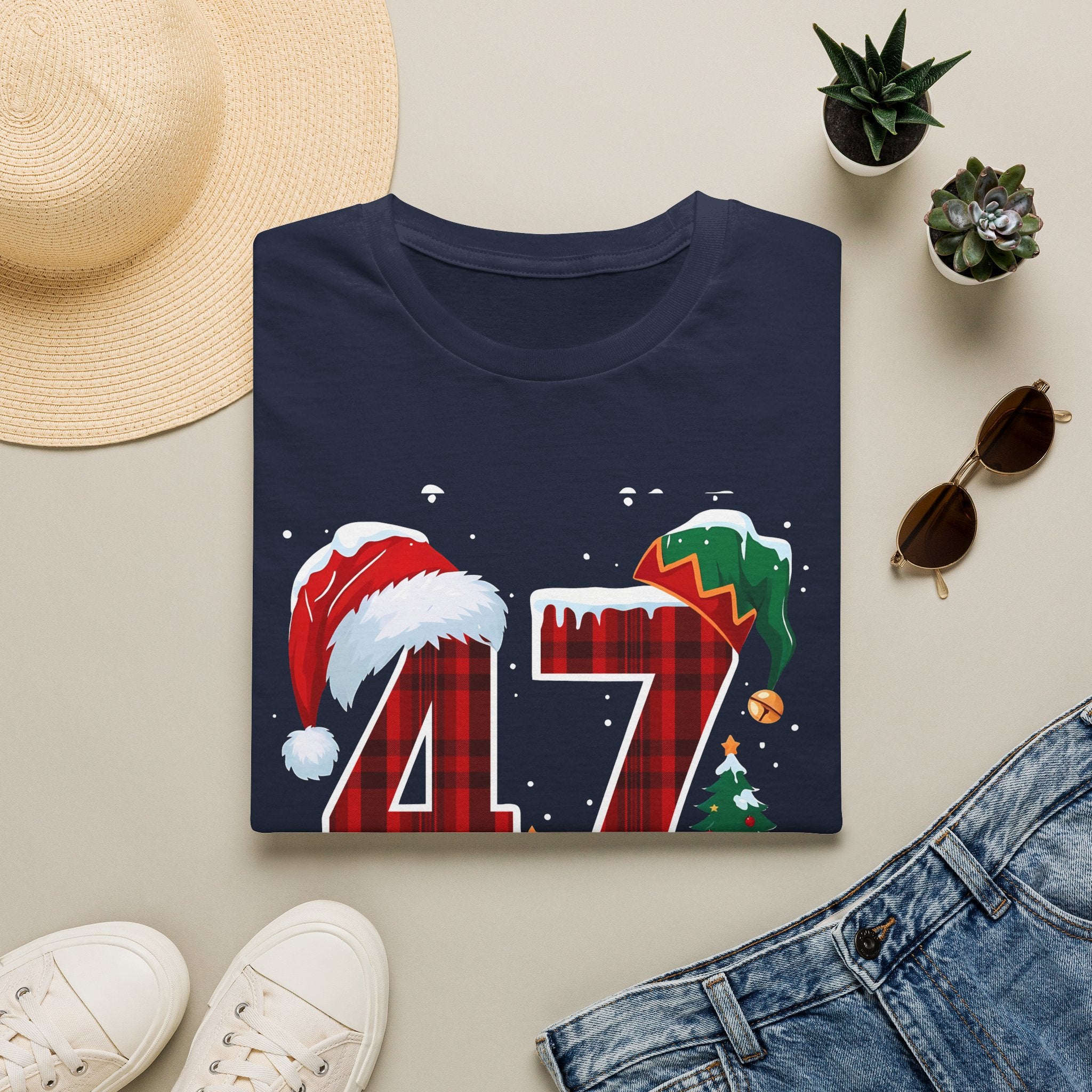 Trump 47 Christmas T-Shirt | Santa Hat, Elf Hat, Holiday Tree Design