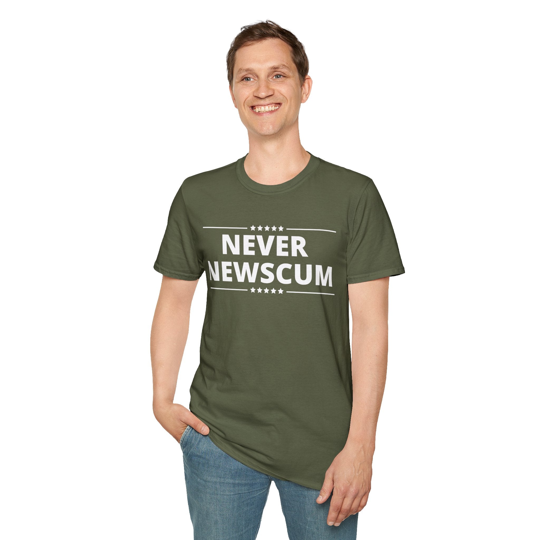 Never NewScum Mens Womans Softstyle T-Shirt, Funny Graphic Tee, Statement Shirt, Casual Wear, Gift for Friends, Political NeverNewScum.com