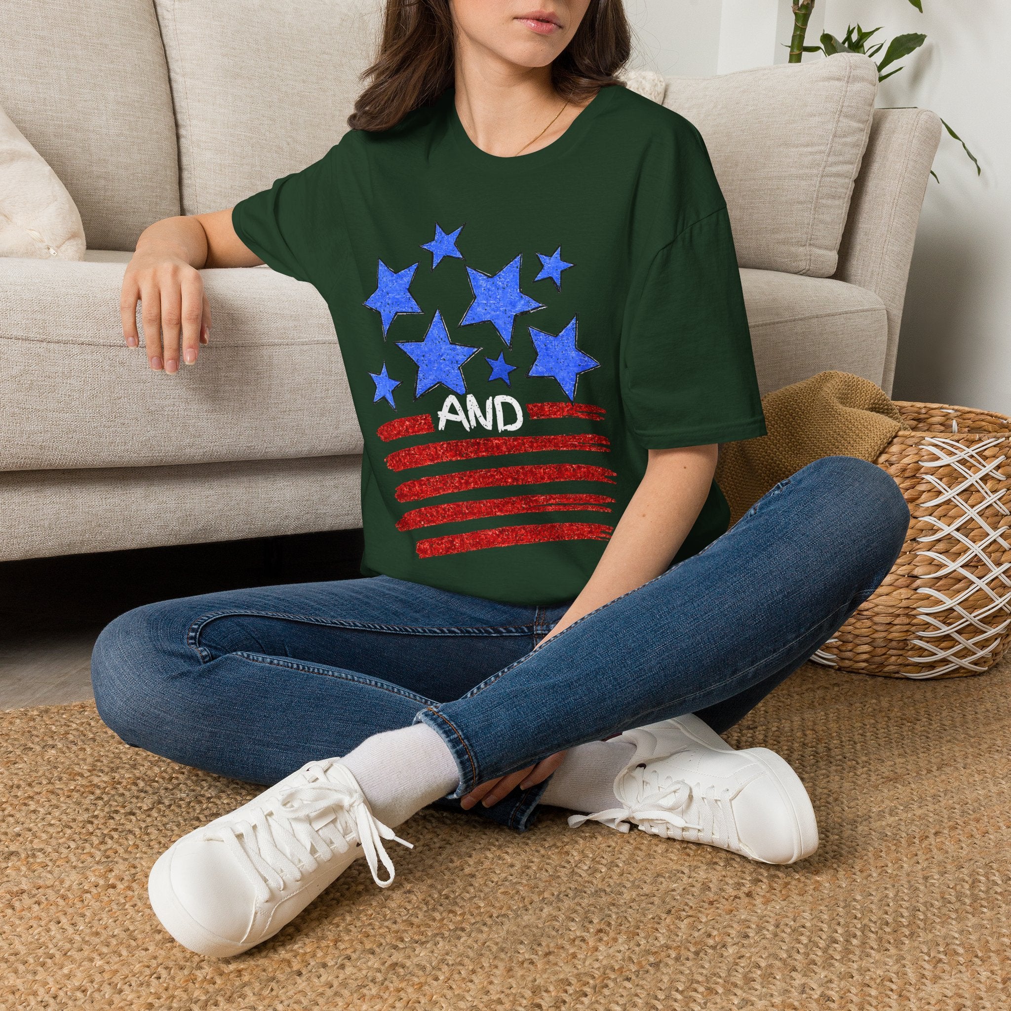 Patriotic Blue Stars Red Strips Graphic Tee (Fourth of July, Americana) T-Shirt