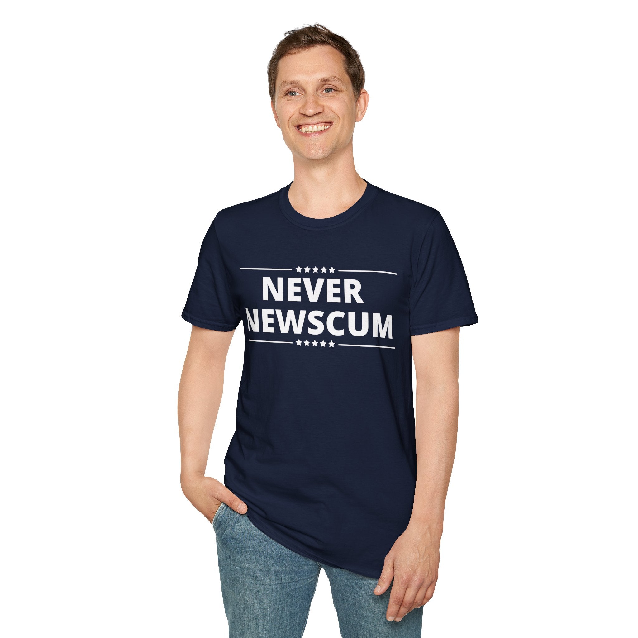 Never NewScum Mens Womans Softstyle T-Shirt, Funny Graphic Tee, Statement Shirt, Casual Wear, Gift for Friends, Political NeverNewScum.com