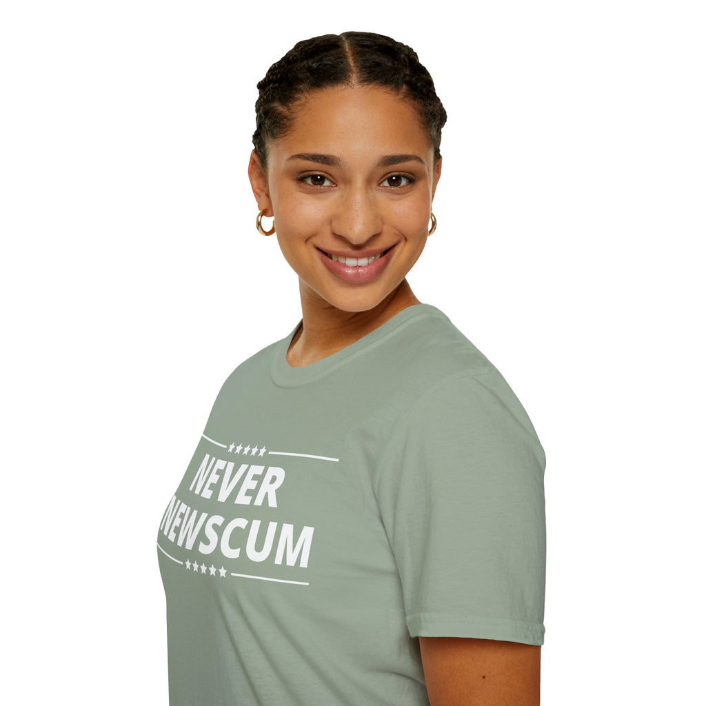 Never NewScum Mens Womans Softstyle T-Shirt, Funny Graphic Tee, Statement Shirt, Casual Wear, Gift for Friends, Political NeverNewScum.com