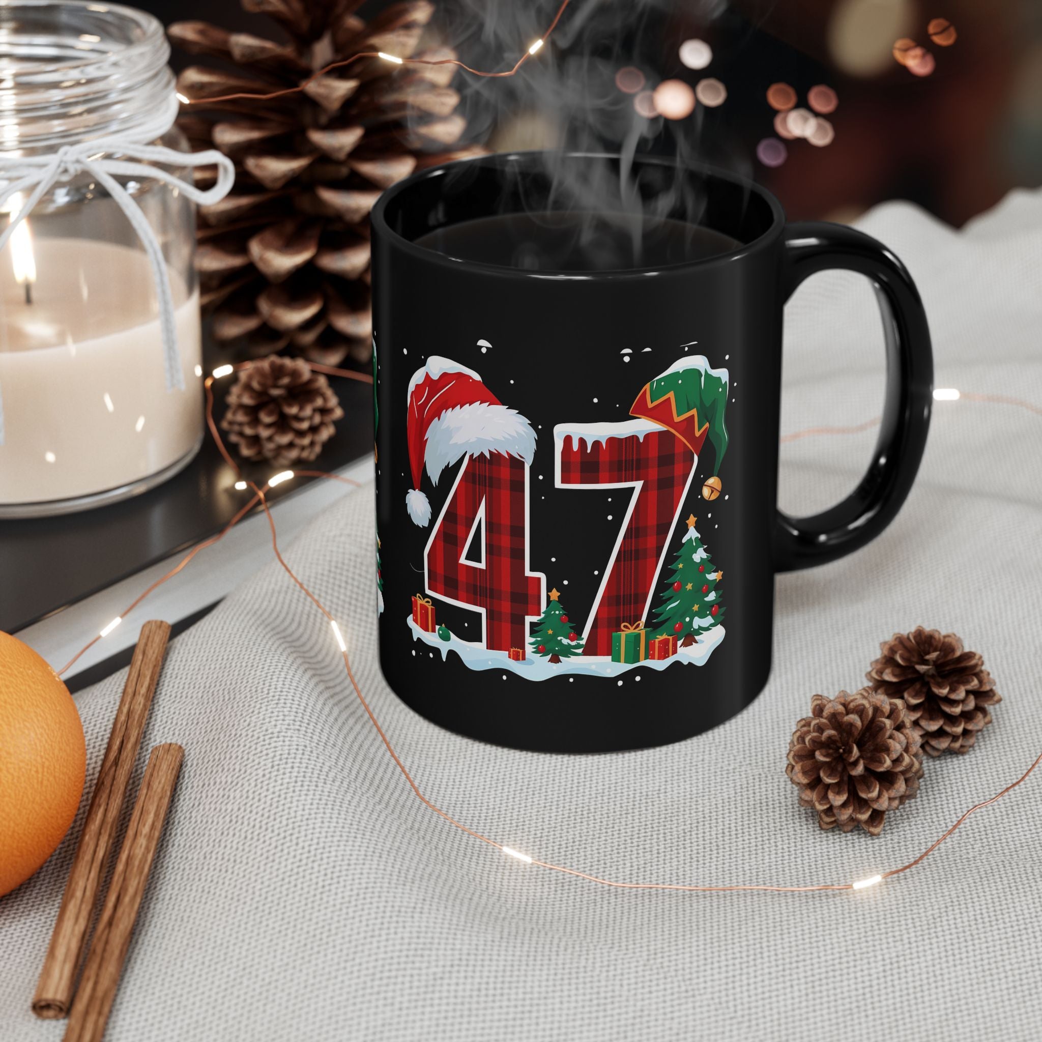 Trump 47 Christmas Holiday Milo Plaid Santa Hat Mug | Black Ceramic