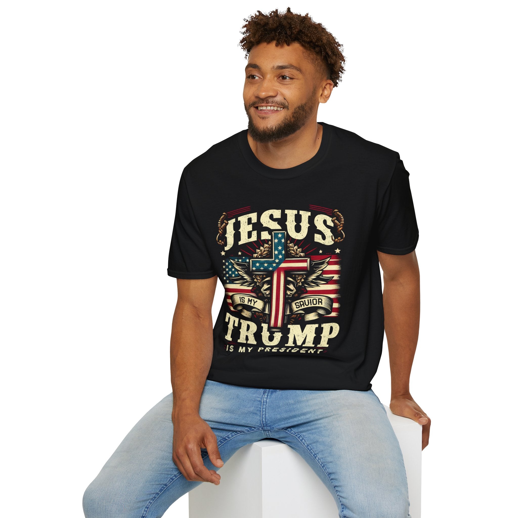 Jesus Cross Flag T-Shirt — "Jesus Is My Savior, Trump Is My President" Patriotic Christian Tee