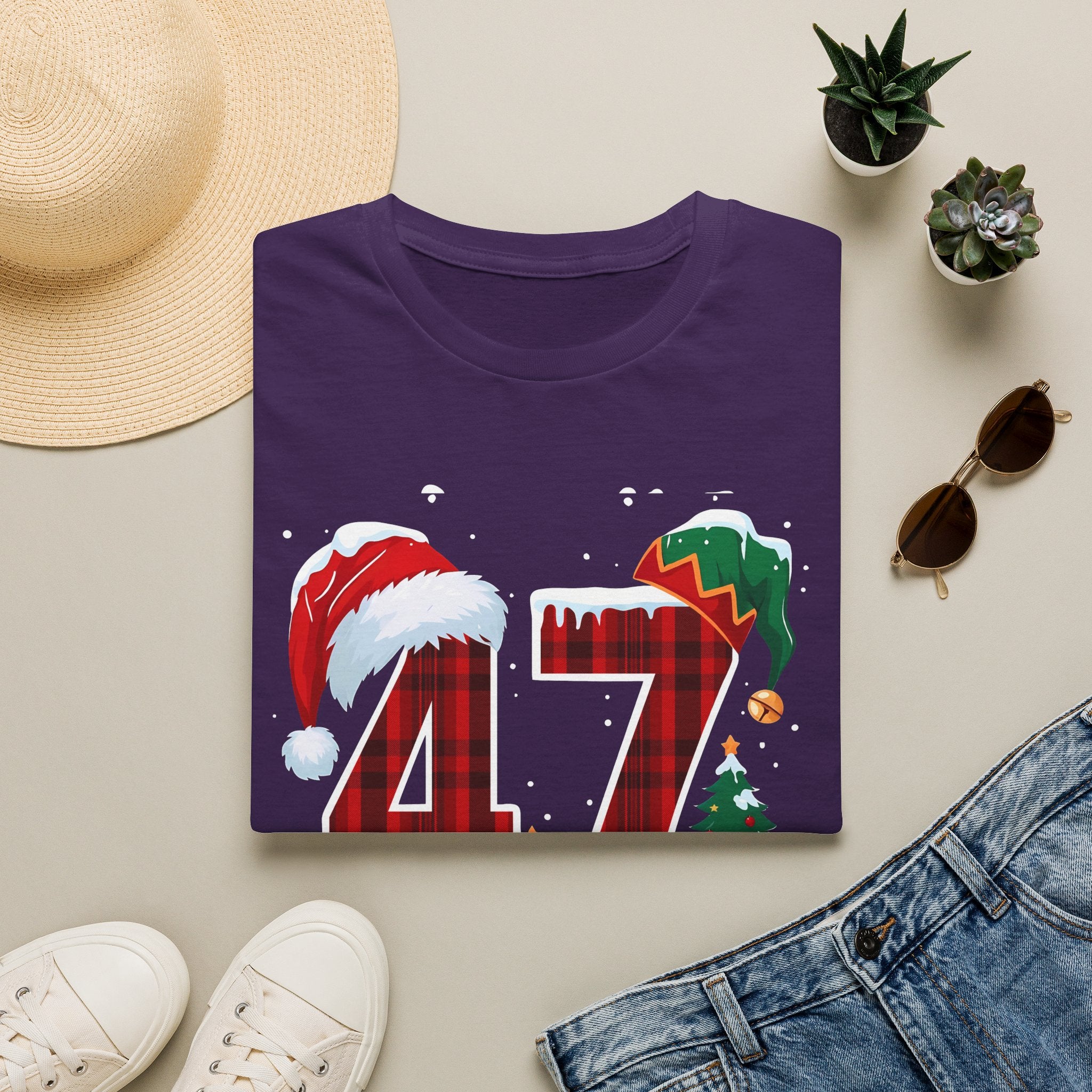 Trump 47 Christmas T-Shirt | Santa Hat, Elf Hat, Holiday Tree Design