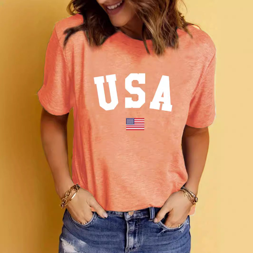 USA Pattern Printed Round Neck Short Sleeve T-shirt