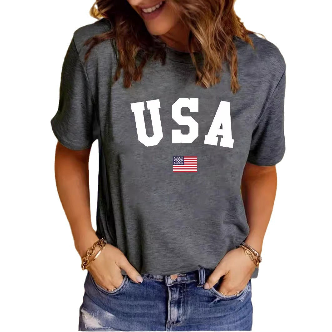 USA Pattern Printed Round Neck Short Sleeve T-shirt